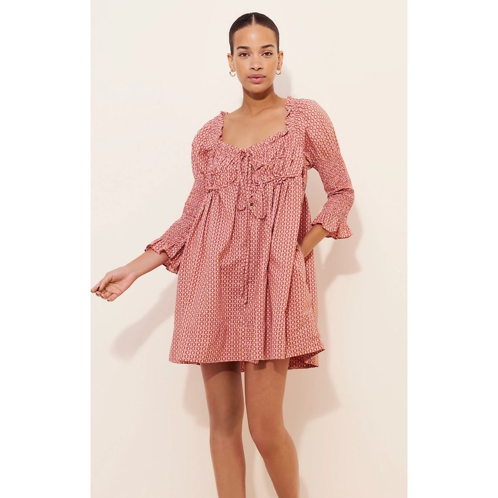 NWT Free People Star Dip Cotton Mini Dress, Square Neckline, Smocked, Size M